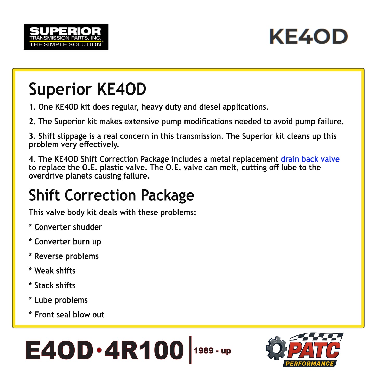 E4OD 4R100 Valve Body Shift Correction Kit | Superior KE4OD