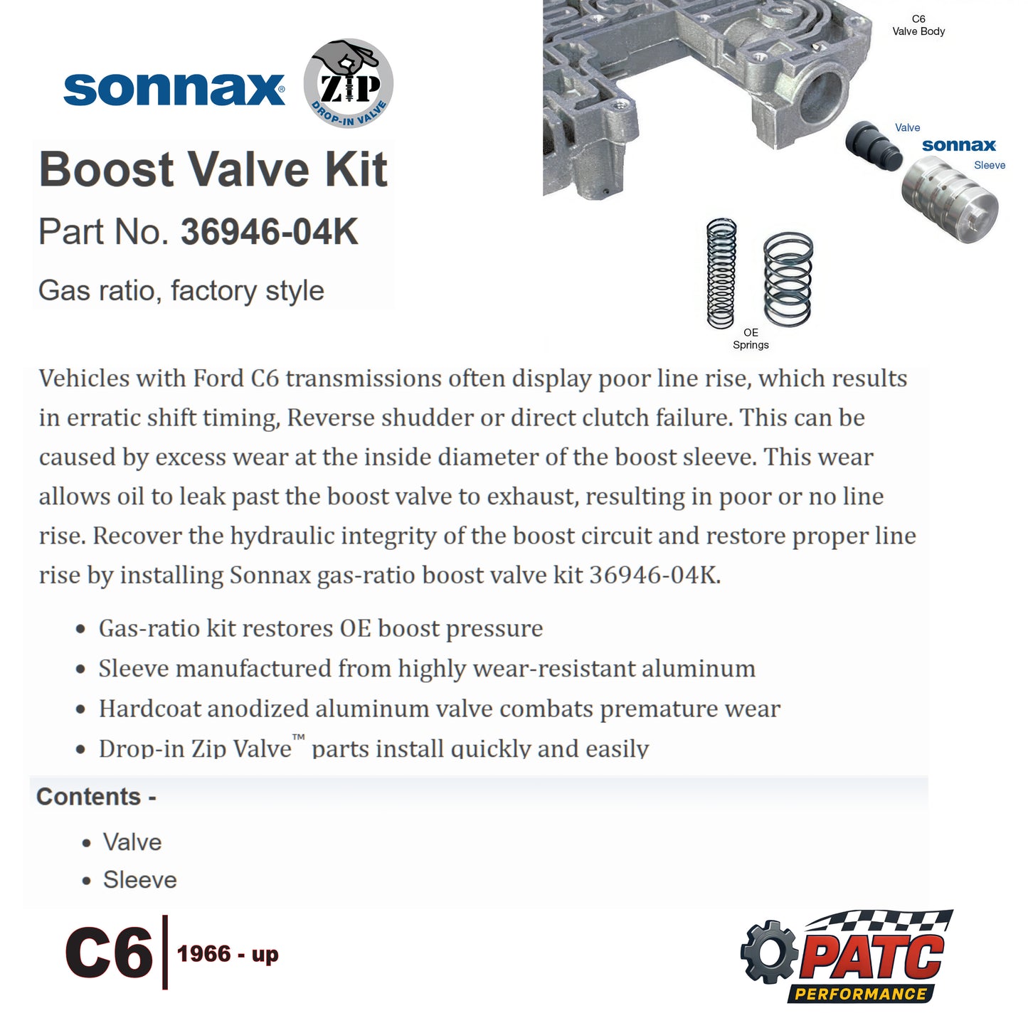 C6 Transmission Boost Valve Kit - GAS Ratio  | Sonnax 36946-04K