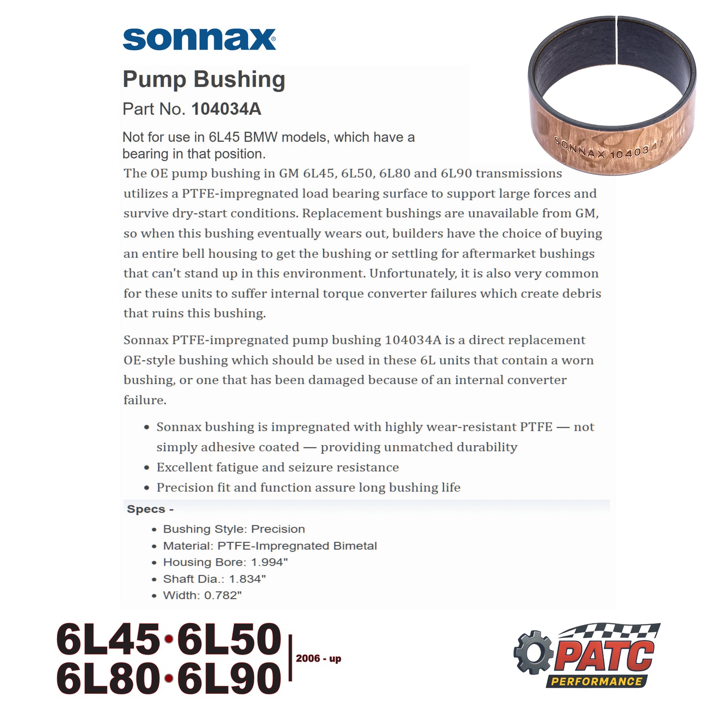 6L45/50 6L80 6L90 Pump Bushing - Sonnax 104034A