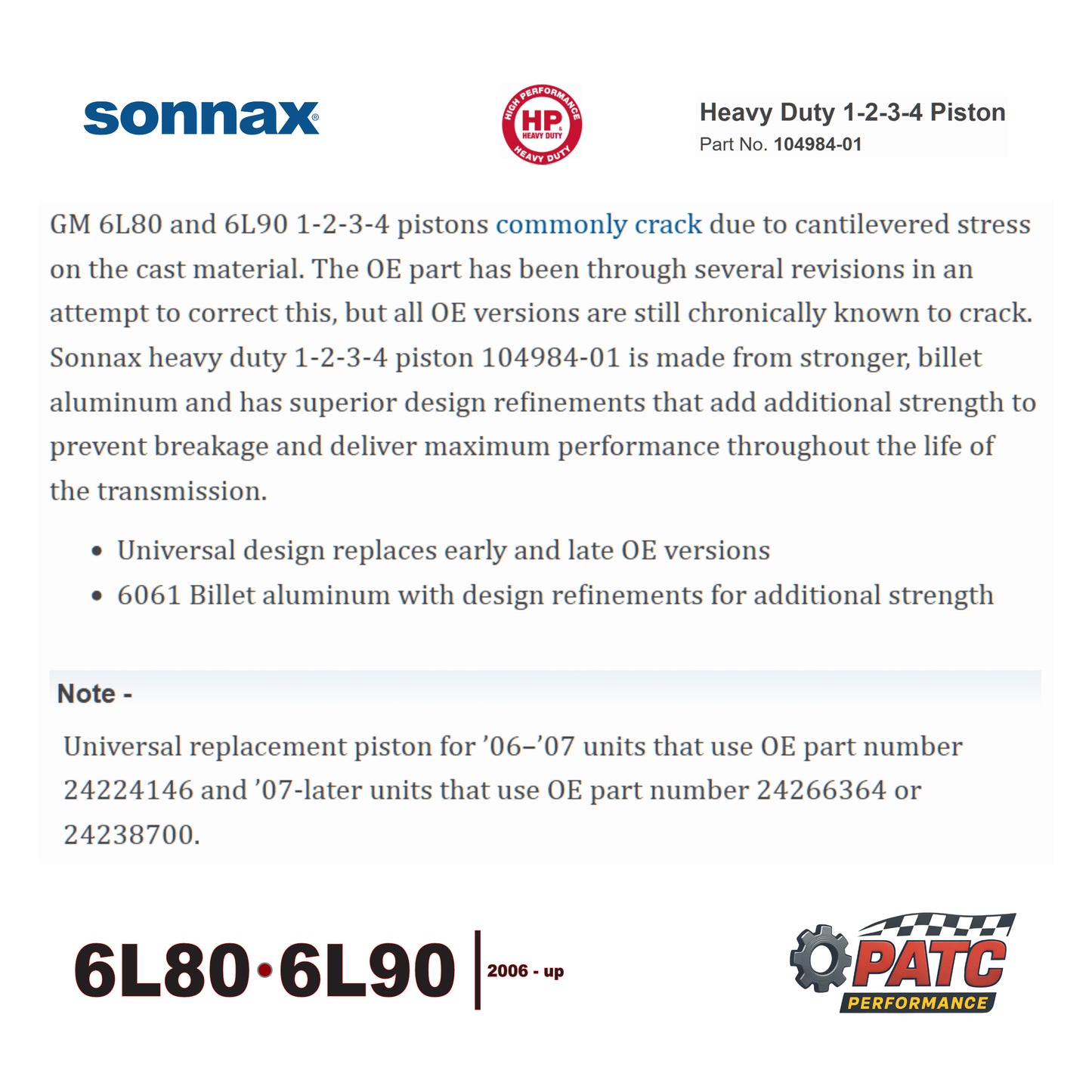 6L80 6L90 Transmission Piston Heavy, 1-2-3-4 Clutch (Aluminum) Sonnax 104984-01