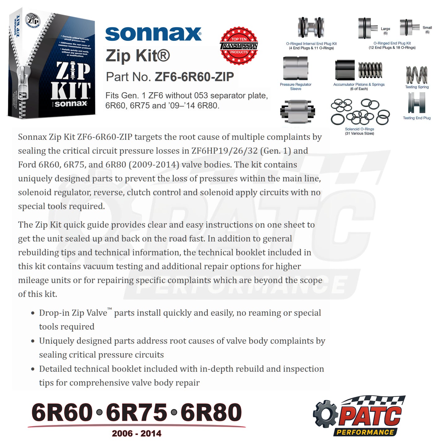 2006-2014 6R60 6R75 6R80 ZIP KIT® Valve Body Repair | Sonnax ZF6-6R60-ZIP