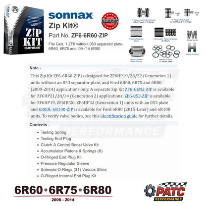 2006-2014 6R60 6R75 6R80 ZIP KIT® Valve Body Repair | Sonnax ZF6-6R60-ZIP