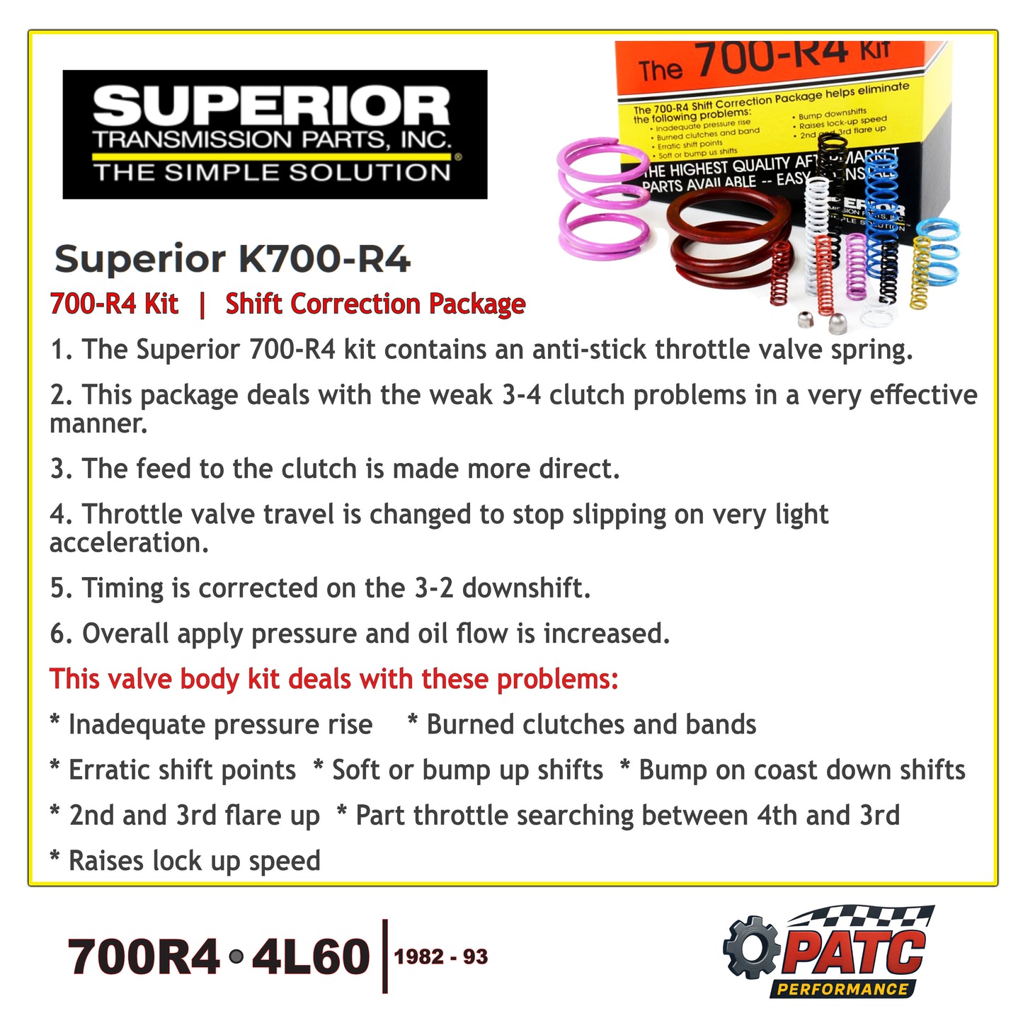 700R4 4L60 Valve Body Shift Correction Package | Superior K700-R4