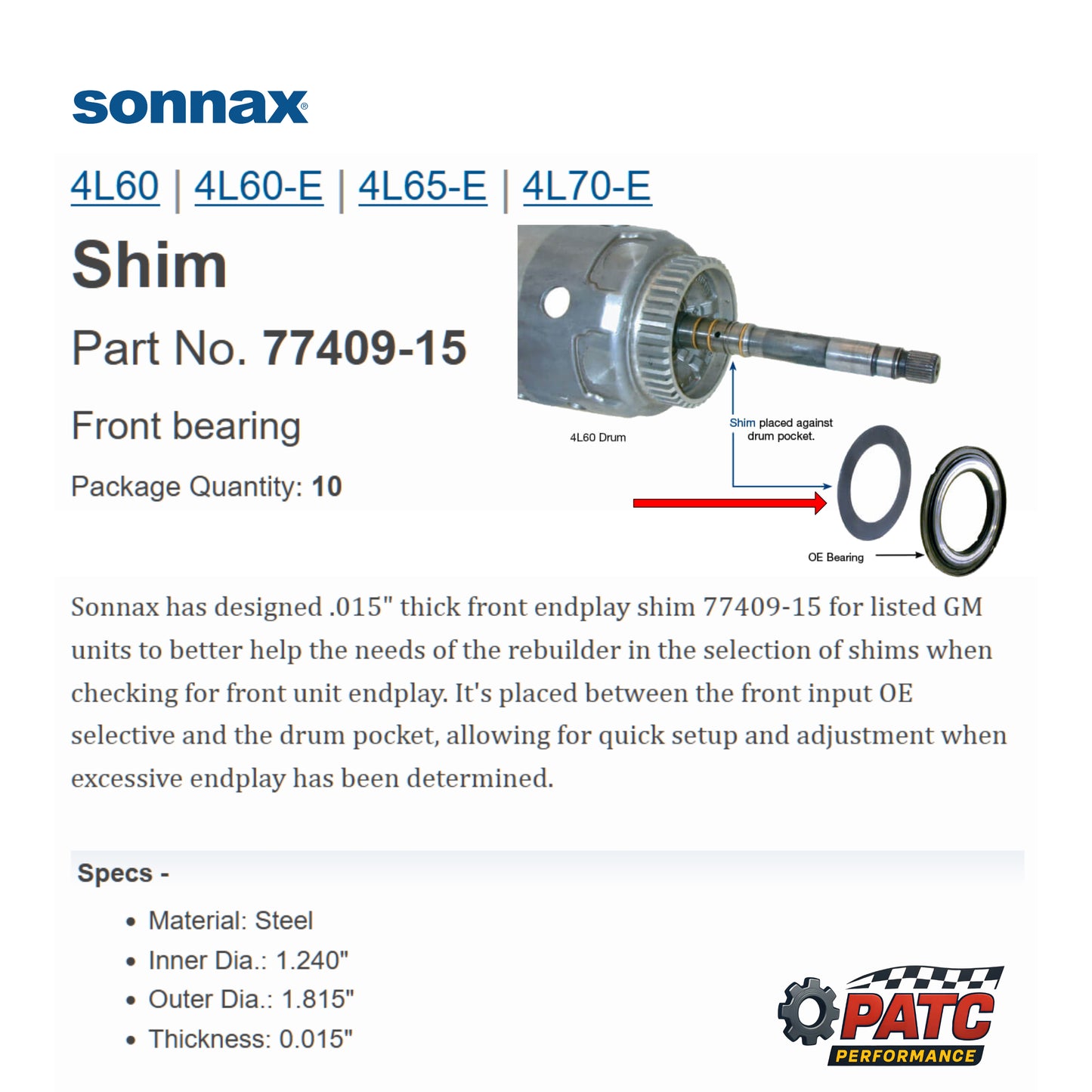 700R4/4L60E End-play Shim (Front) 0.015" 10pk - Sonnax 77409-15