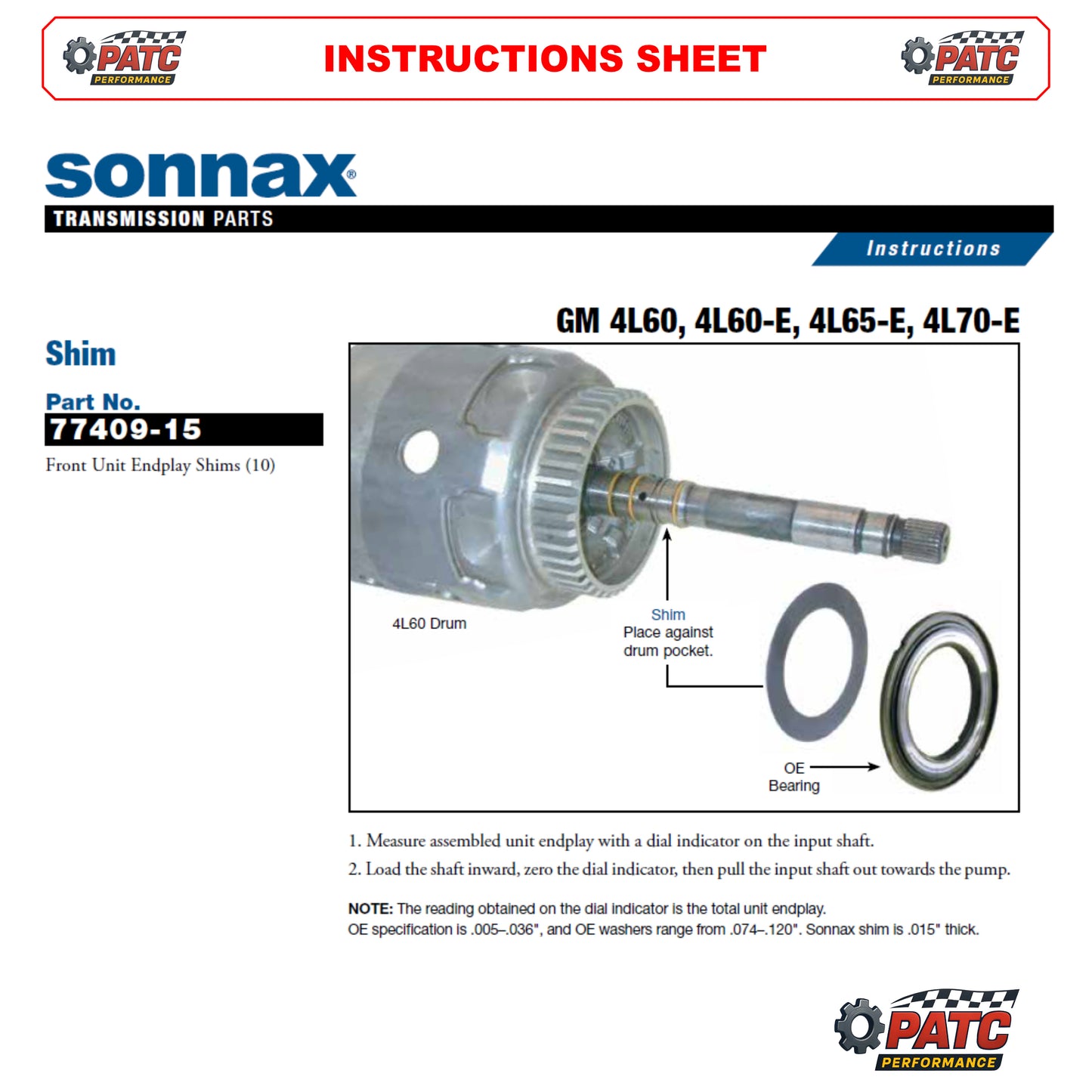 700R4/4L60E End-play Shim (Front) 0.015" 10pk - Sonnax 77409-15