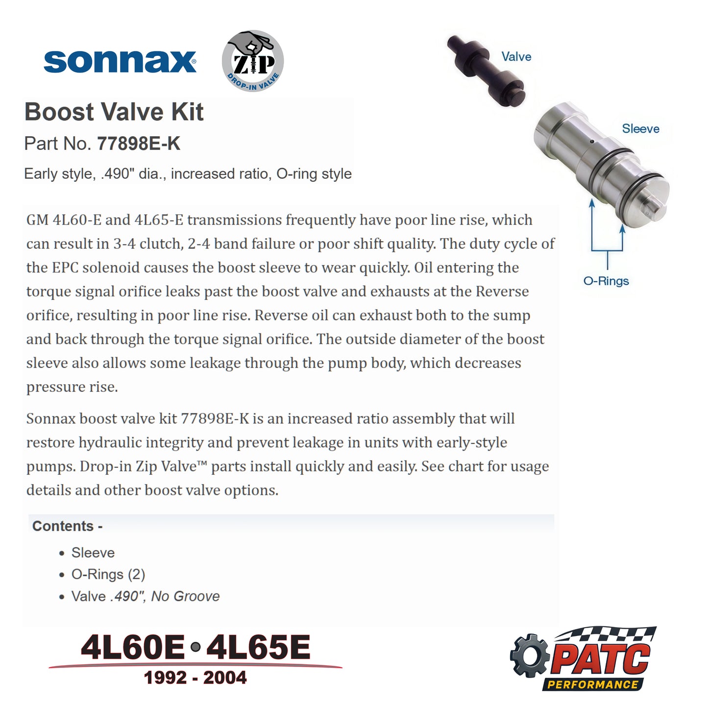 1992-2004 4L60E-4L65E Pump Boost Valve Kit | Sonnax 77898E-K