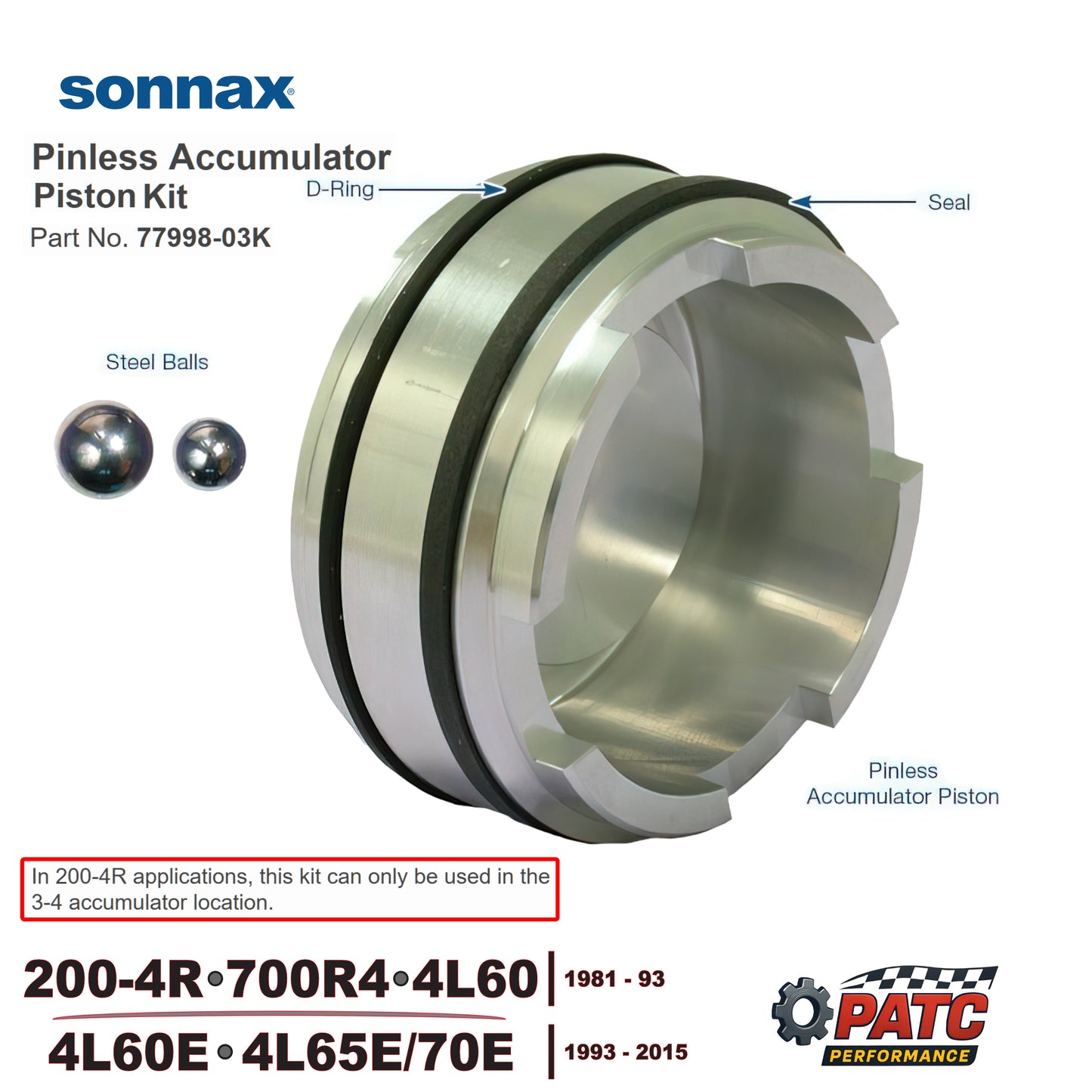 700R4, 4L60E Performance Pinless Accumulator Piston Kit 1-2, 3-4 | Sonnax 77998-03K