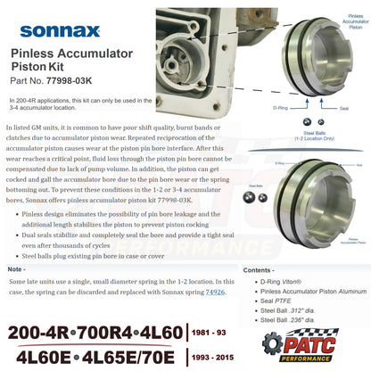 700R4, 4L60E Performance Pinless Accumulator Piston Kit 1-2, 3-4 | Sonnax 77998-03K