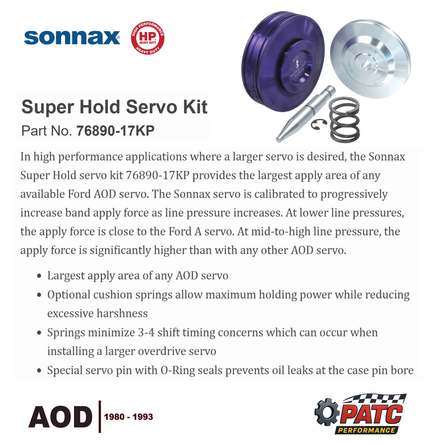 AOD Performance Servo Piston - Sonnax 76890-17KP Super Hold Servo Kit AOD (80-93)