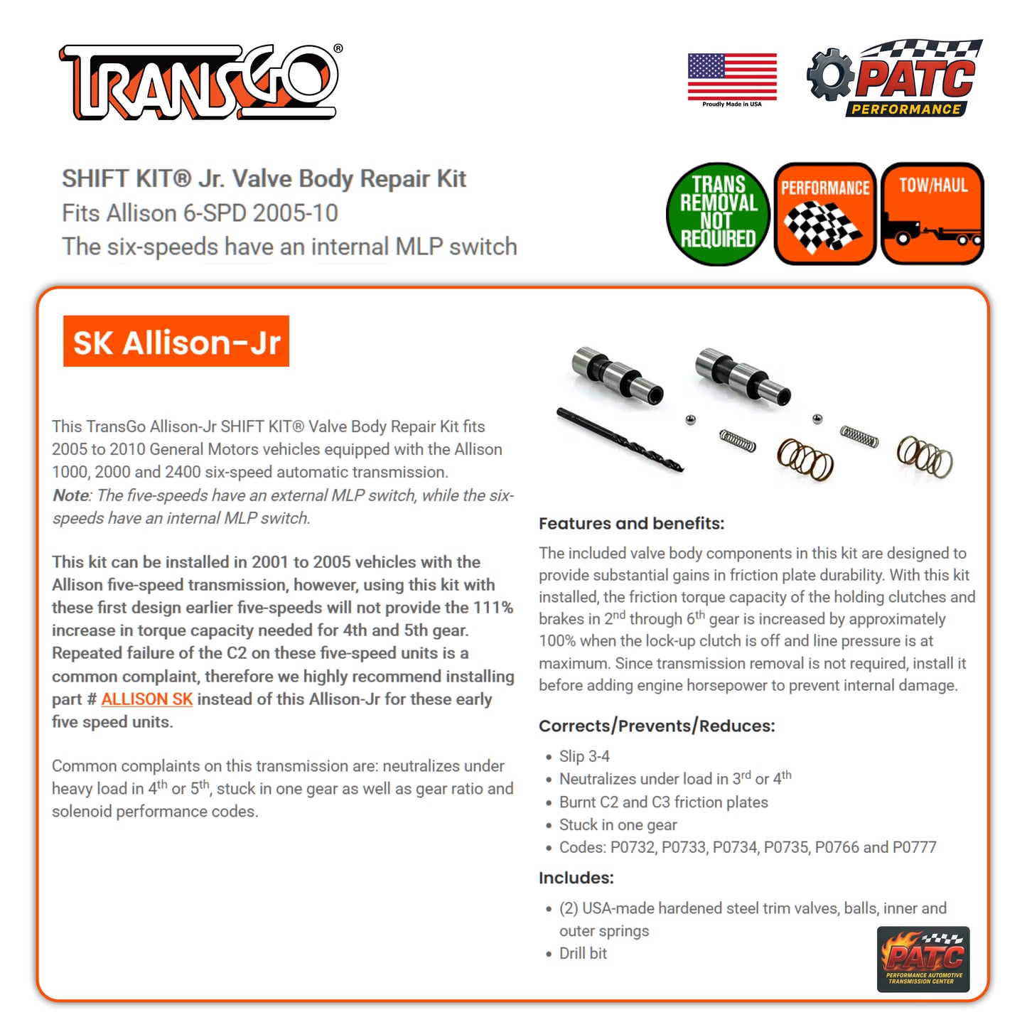 Allison 1000 / 2000 Performance Valve Body Repair Kit 2005-10 (SK ALLISON-JR)