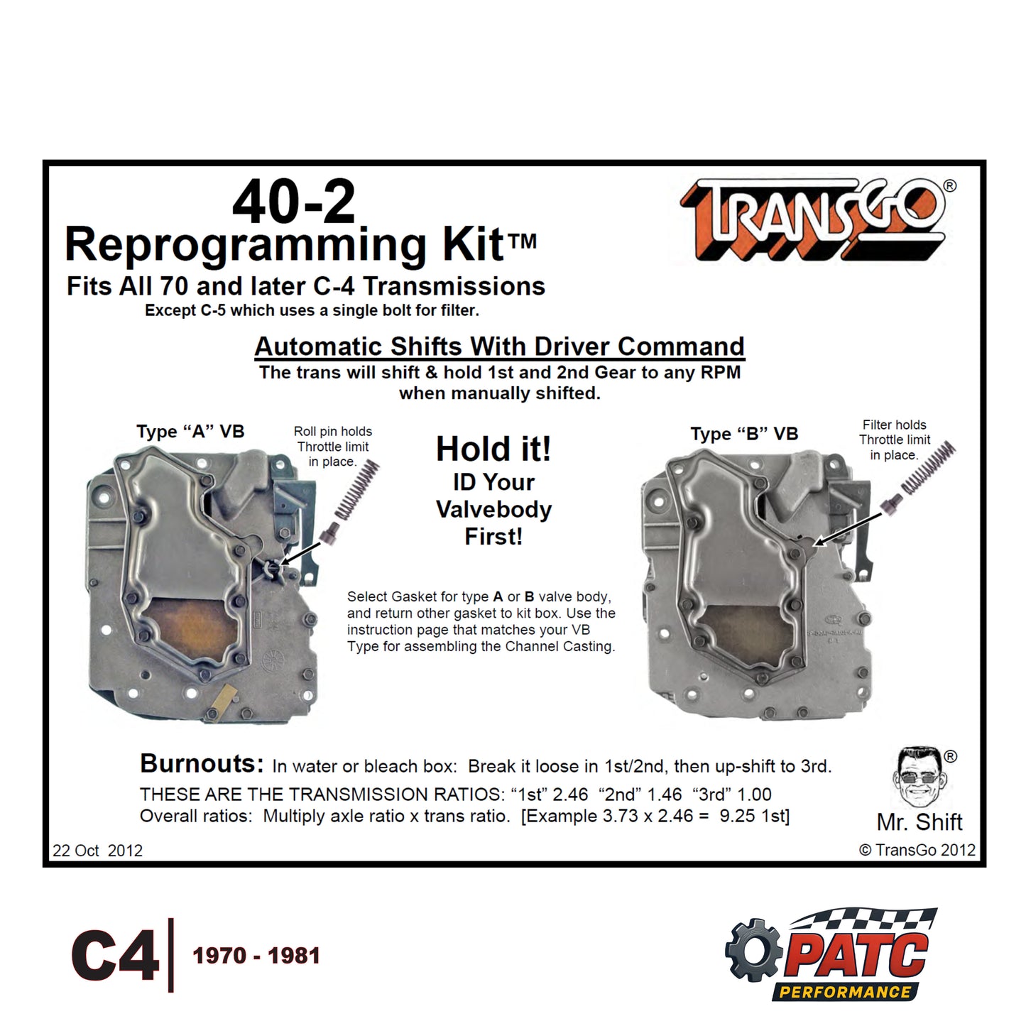 C4 Performance Valve Body Reprogramming Kit™ 1970-81 | TransGo 40-2