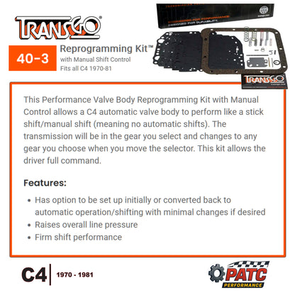 C4 Performance Valve Body Reprogramming Kit™ 1970-81 | TransGo 40-3