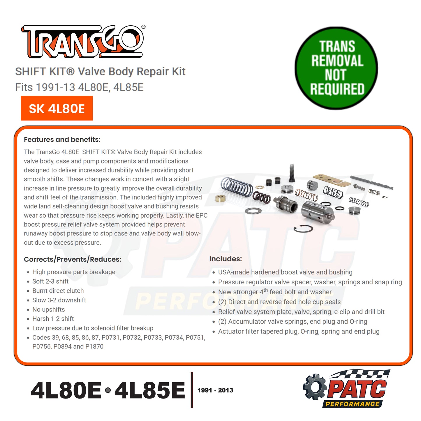 4L80E 4L85E Valve Body Repair Kit - TransGo SK-4L80E