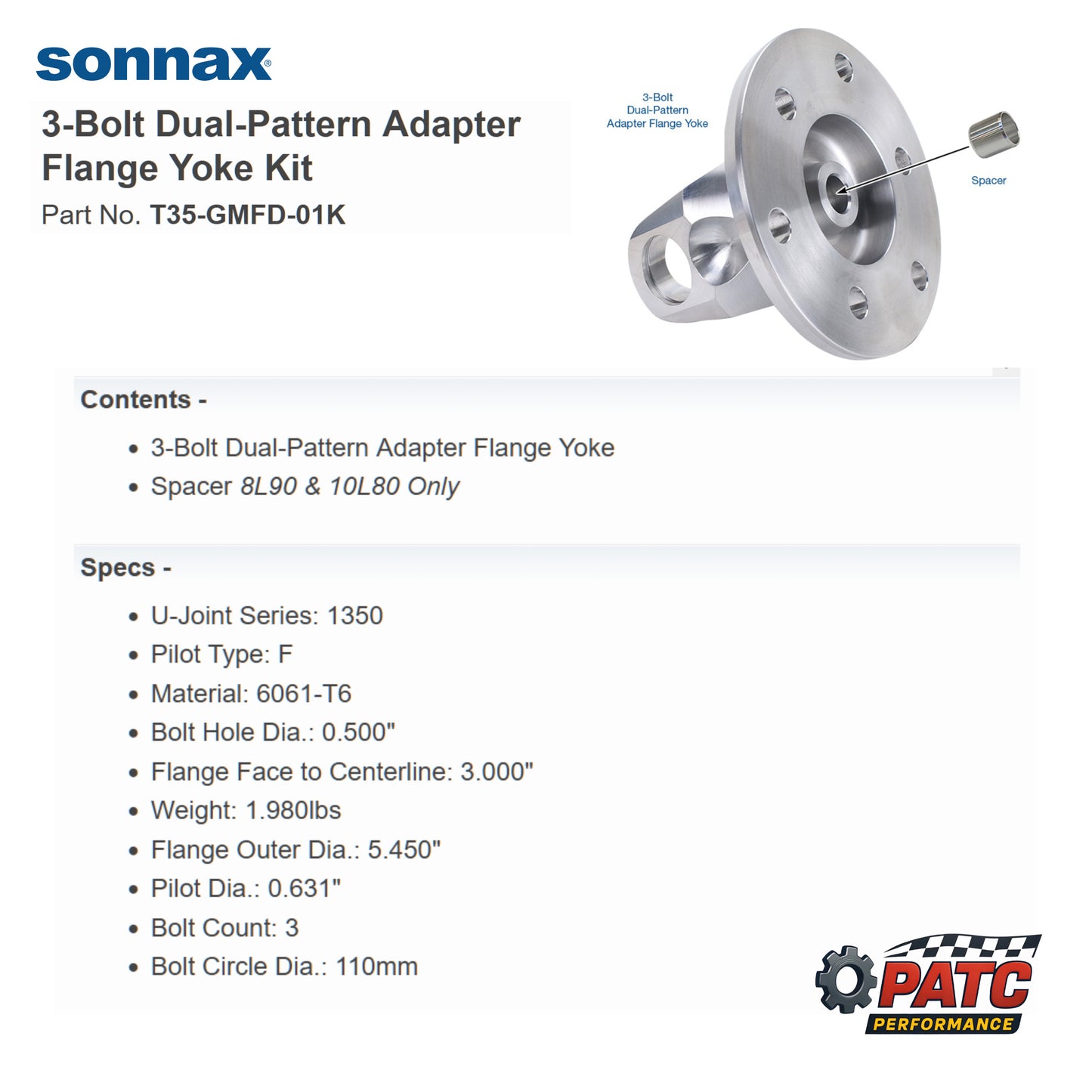3-Bolt Dual-Pattern Adapter Flange Yoke Kit - Fits 6L80/90,  8L90, 10L80, TR6060, TR3160