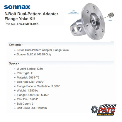 3-Bolt Dual-Pattern Adapter Flange Yoke Kit - Fits 6L80/90,  8L90, 10L80, TR6060, TR3160