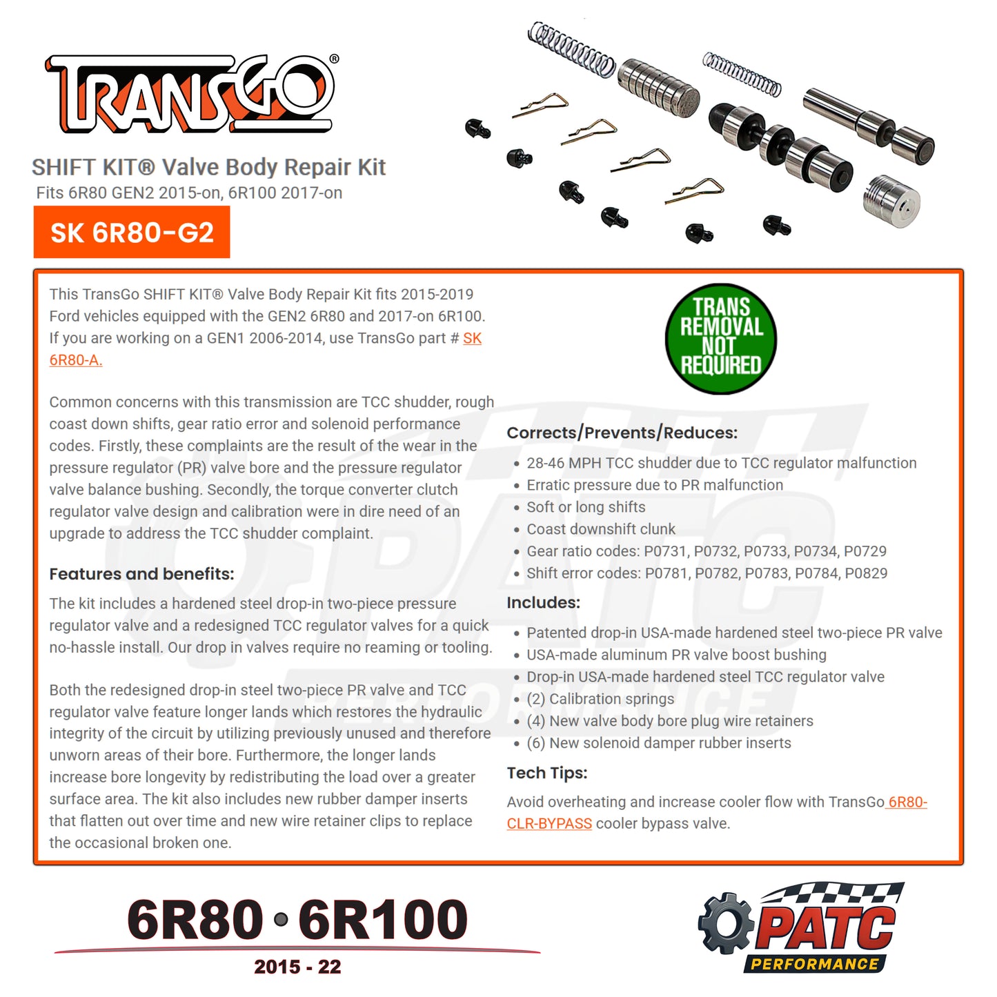 2015-2022 6R80 6R100 SHIFT KIT® Valve Body Repair | TransGo SK 6R80-G2