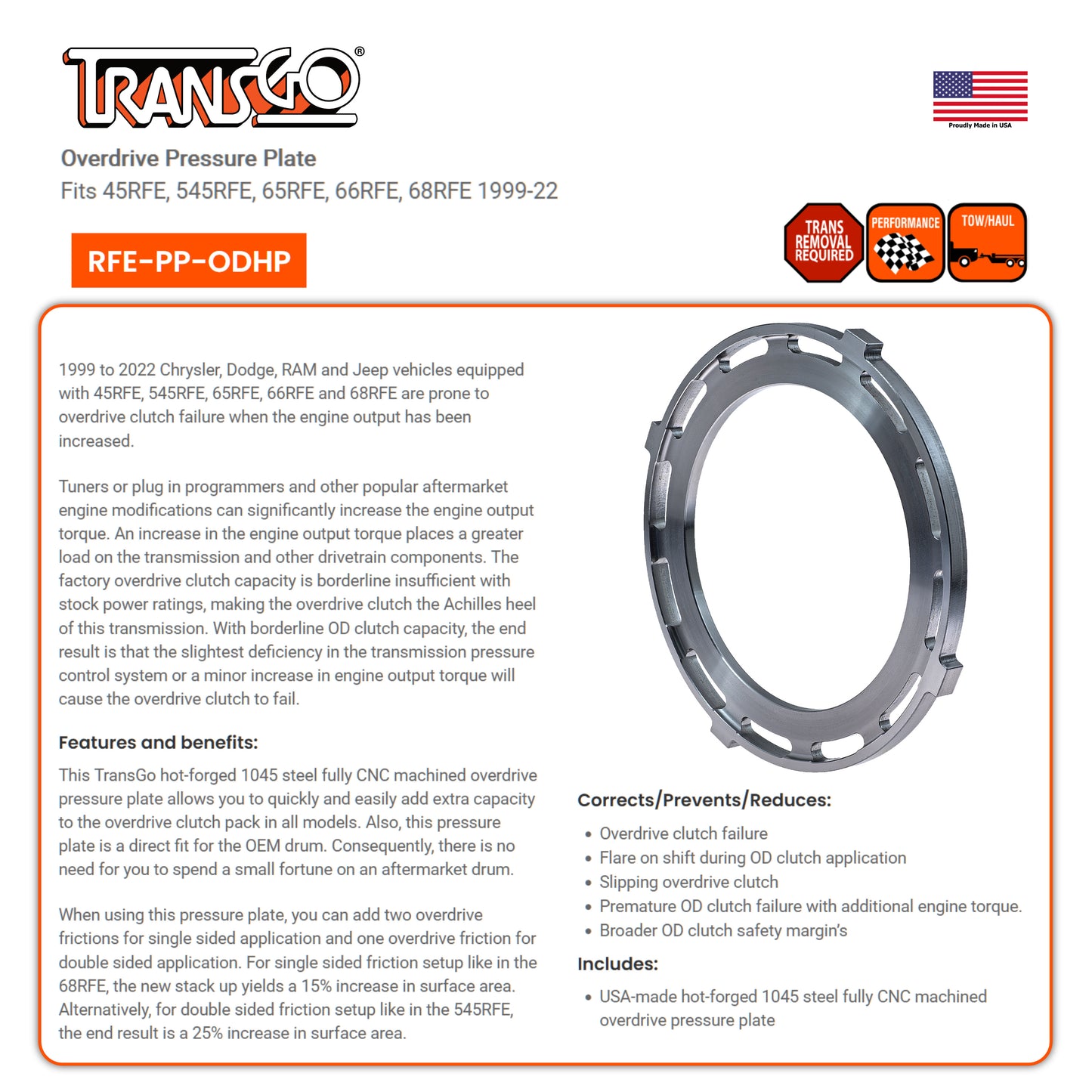 TransGo Overdrive Pressure Plate 545RFE 68RFE 1999-2022 RAM Jeep Dodge (RFE-PP-ODHP)