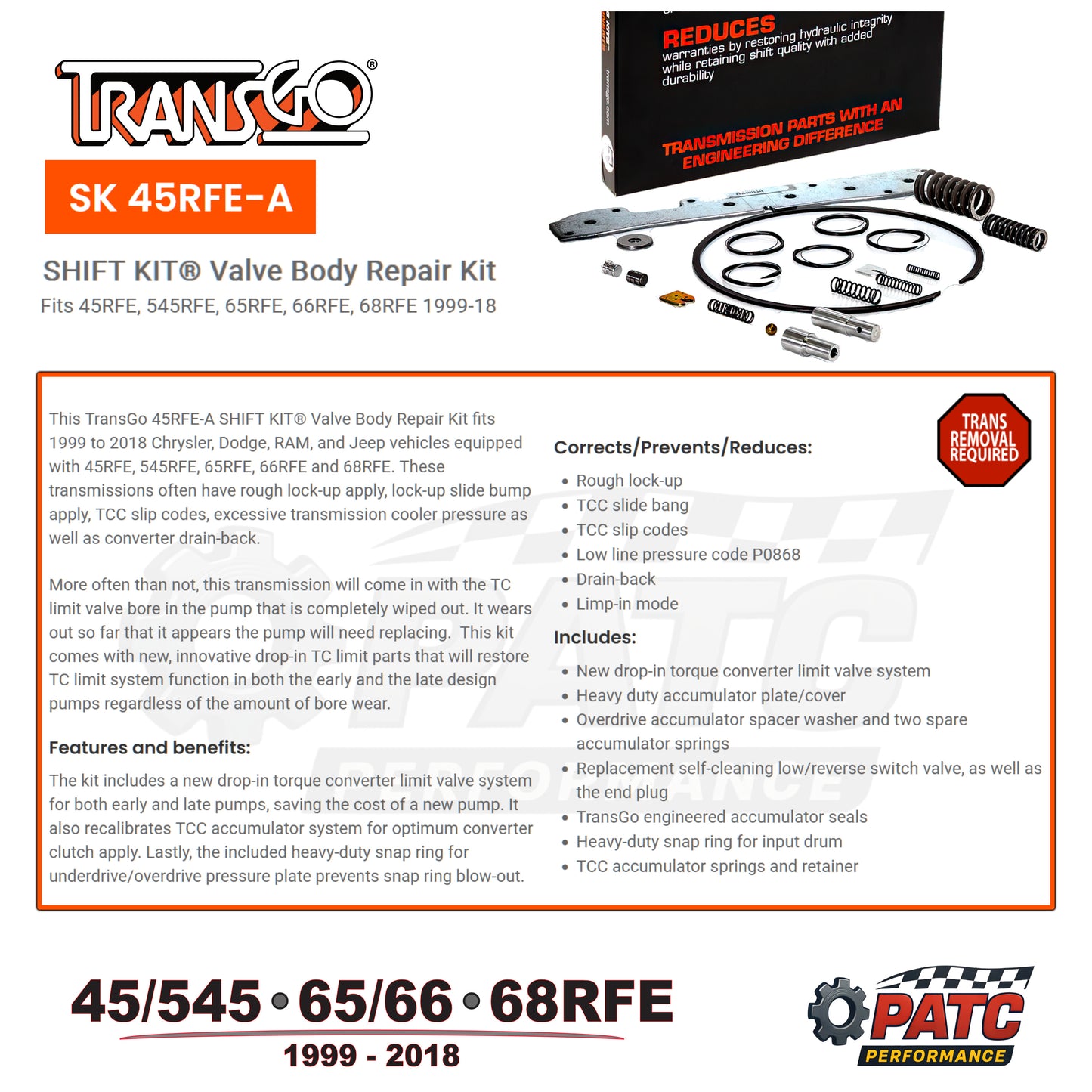 1999-2018 45RFE 545RFE 68RFE Valve Body Repair Kit TransGo SHIFT KIT® SK 45RFE-A