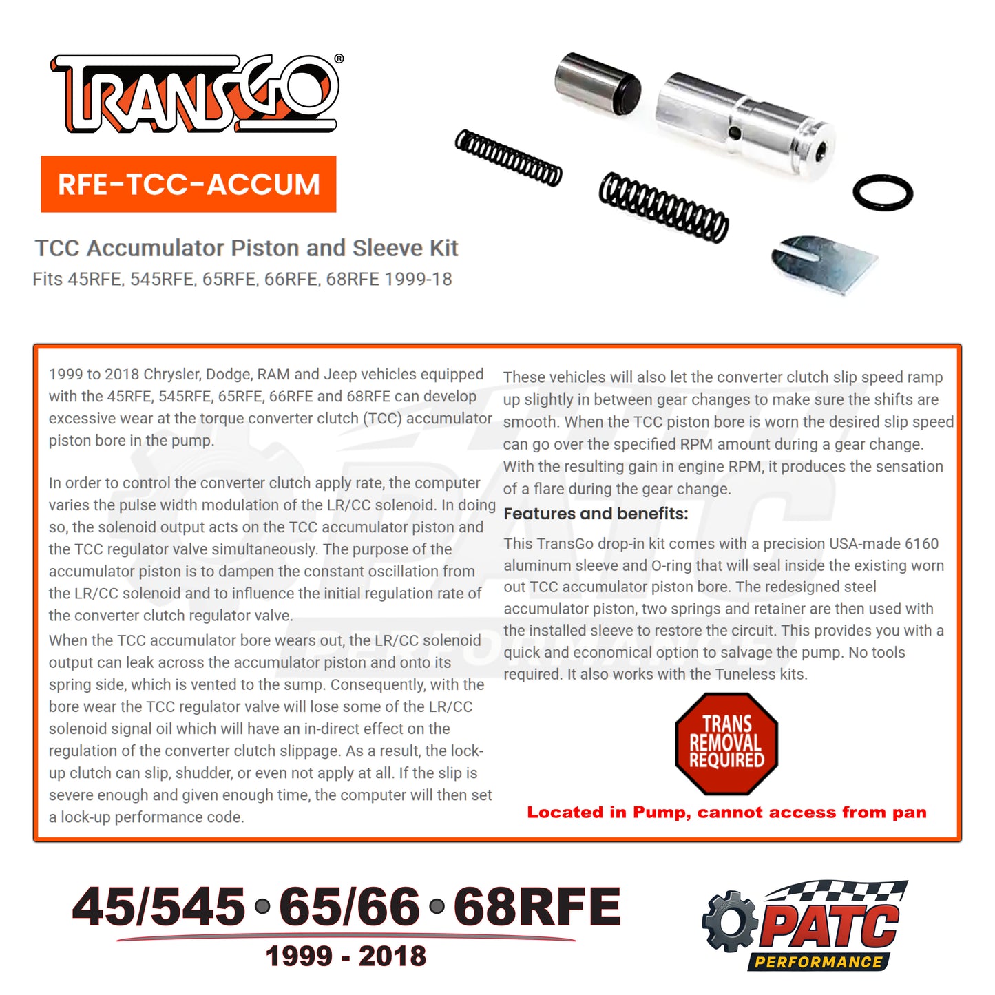 1999-2018 TCC Accumulator Piston and Sleeve Kit TransGo RFE-TCC-ACCUM
