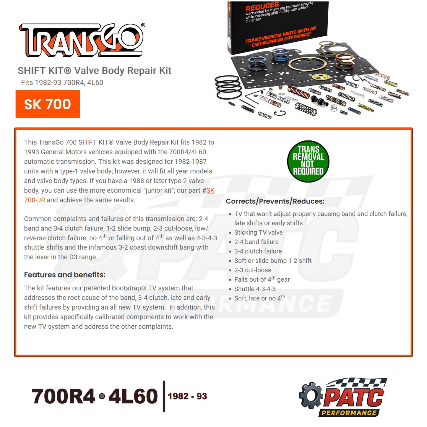1982-93 700R4 4L60 Valve Body Repair Shift Kit | TransGo SK-700