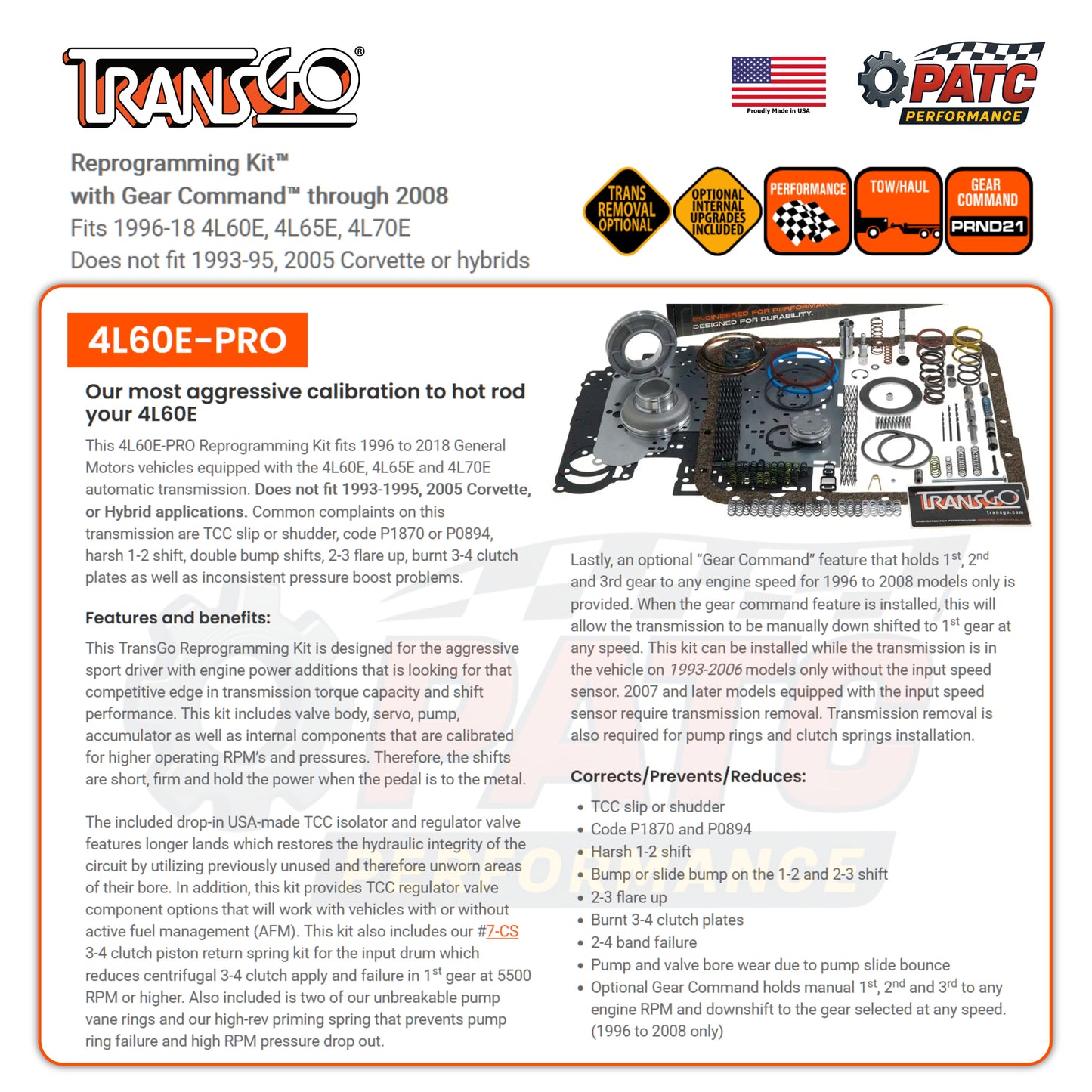 4L60E Performance Valve Body Reprogramming Kit TransGo 4L60E-PRO