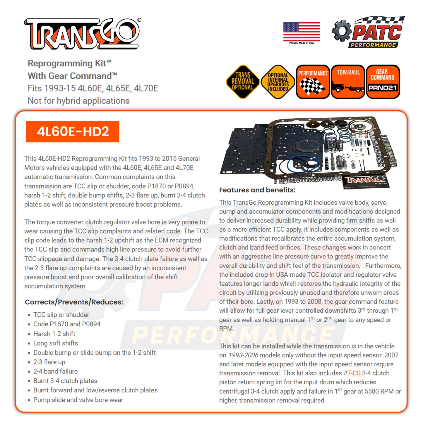 4L60E Performance Valve Body Reprogramming Kit TransGo 4L60E-HD2