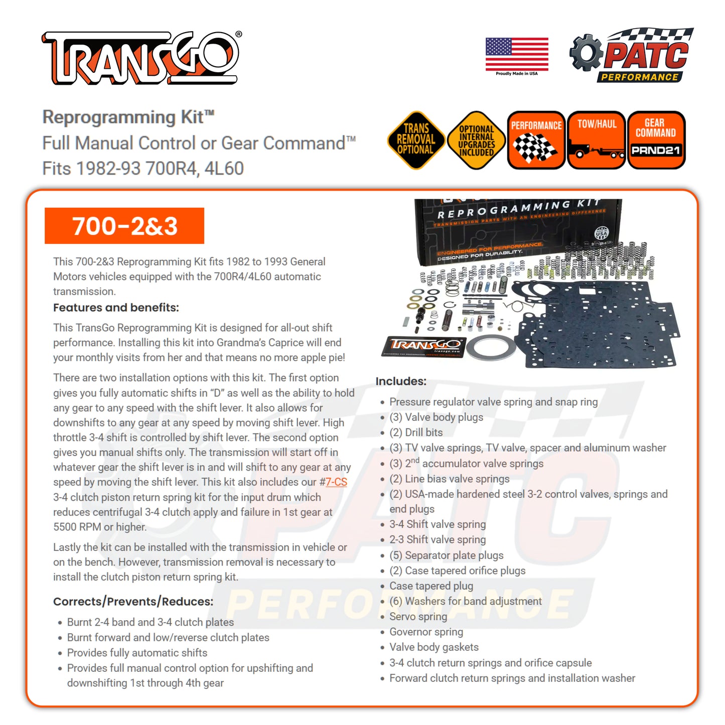 700R4 4L60 Performance Valve Body Reprogramming Kit TransGo 700-2&3