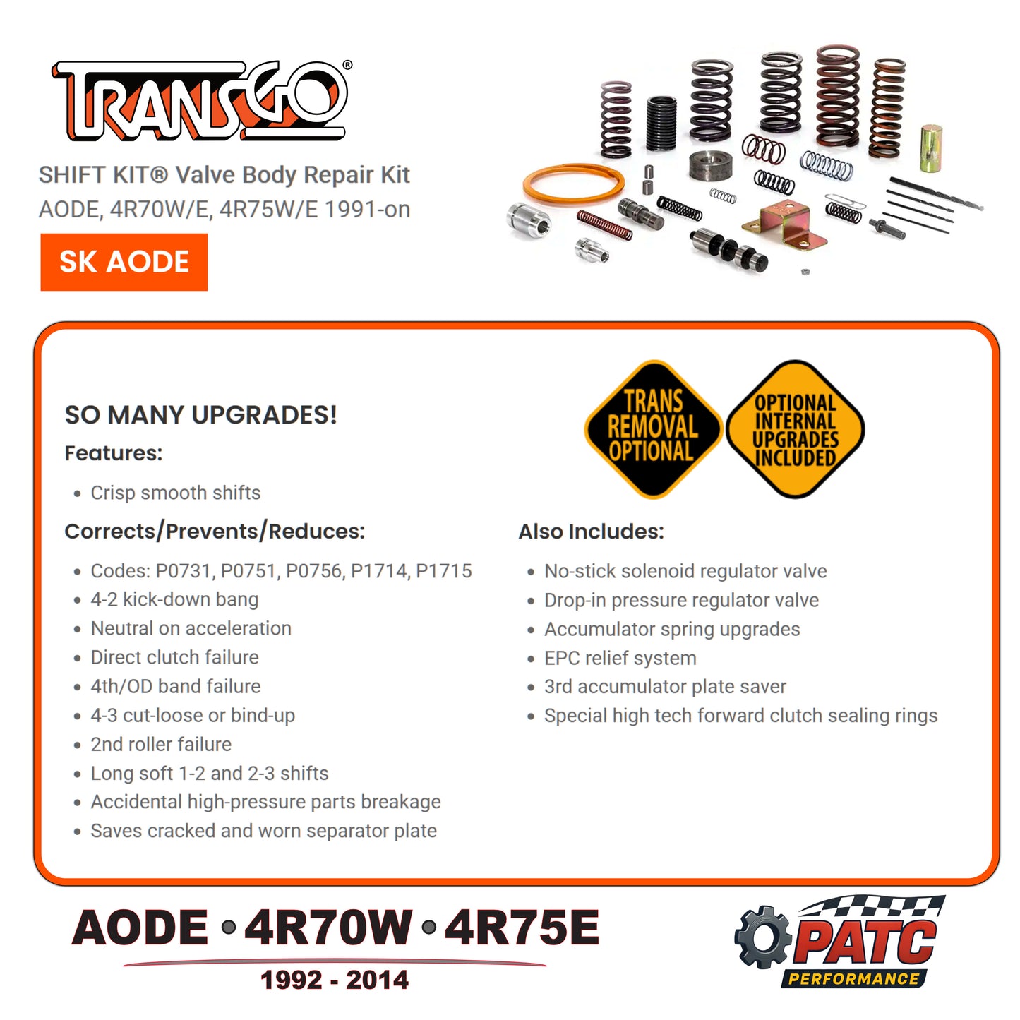 AODE 4R70W 4R75 Valve Body Repair - Shift Kit TransGo SK-AODE