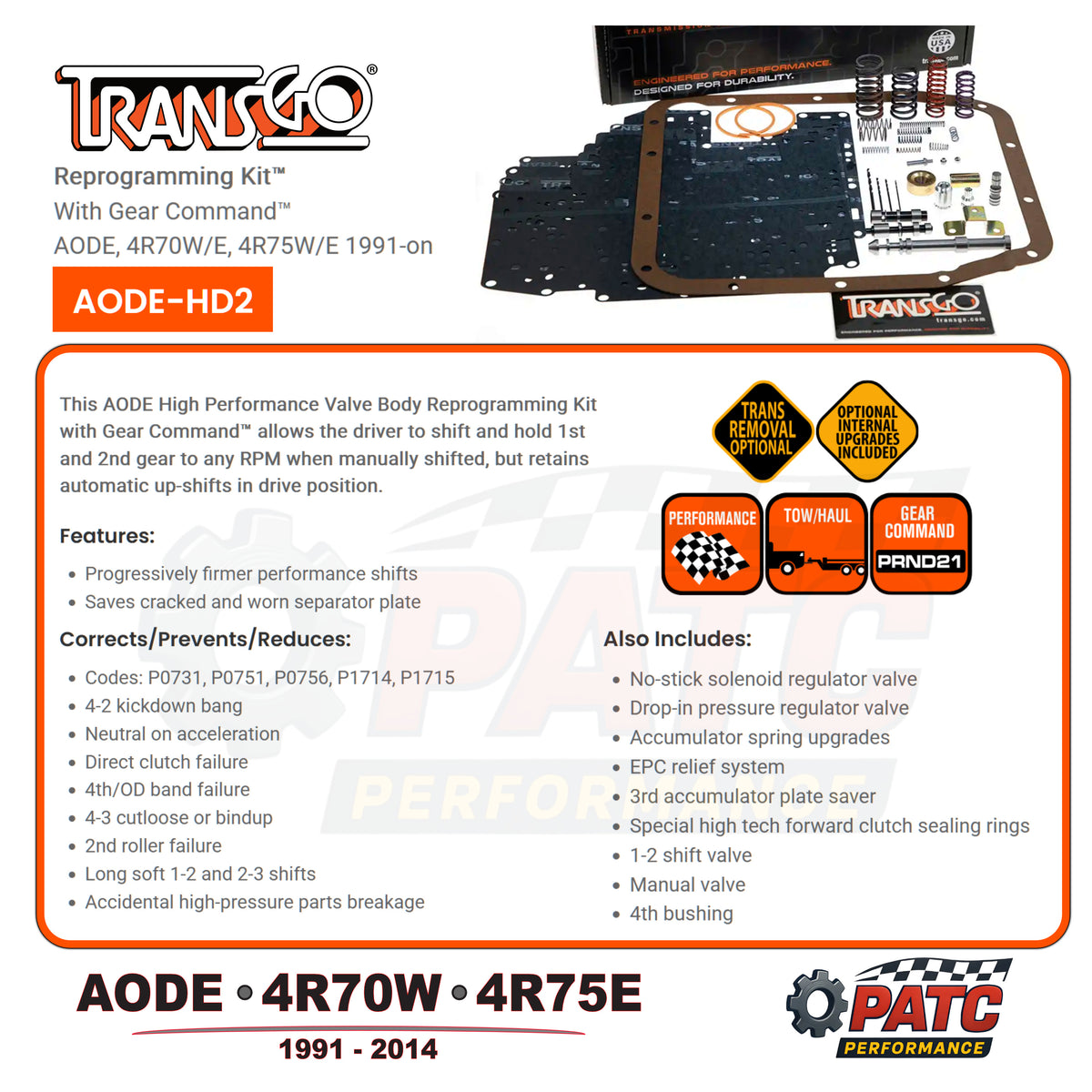 Aode Shell AODE 4R70W 4R75 Valve Body Reprogramming - Shift Kit TransGo SK-AODE-H ...