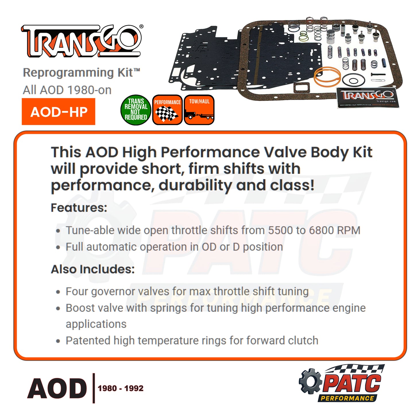 AOD Performance Valve Body Reprogramming Kit TransGo AOD-HP