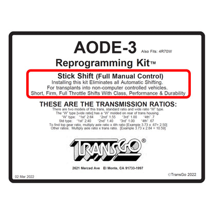 AODE 4R70W 4R75 Full Manual Valve Body Reprogramming Kit TransGo AODE-HD3