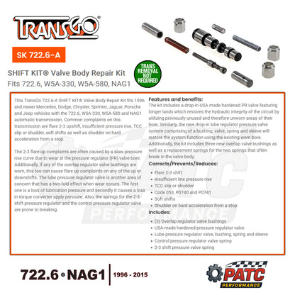 1996-2015 722.6 NAG1 SHIFT KIT® Valve Body Repair TransGo SK-722.6-A