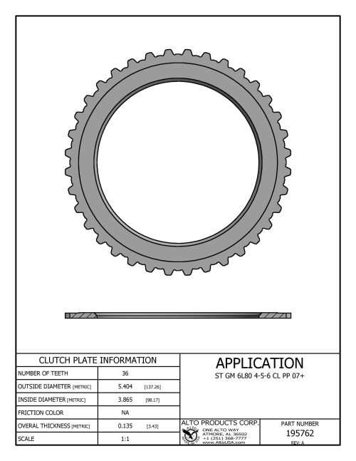 Alto 195762, 6L80E / 6L90E 4-5-6 Clutch Pressure Plate, .135" Thick, 2007 - up