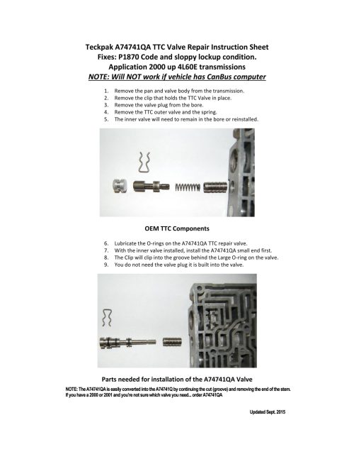 Instructions for Fitzall A74741QA, 4L60E Torque Converter Clutch Valve, NON-CAN BUS Code Fix '00-'06