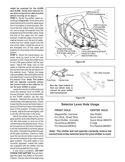 Instruction Sheet for Cable Bracket and Shift Lever kit for GM TH200, TH200-4R, TH250, TH350, TH400, TH700-R4, 4L60, 4L60E, 4L65E, 4L80E and 4L85E Automatic Transmissions.