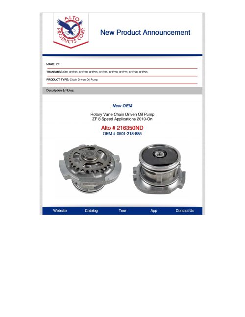 216350ND, ZF8HP45 / ZF8HP50 / ZF8HP55 / ZF8HP65 / ZF8HP70 / ZF8HP75 / ZF8HP90 / ZF8HP95 Alto Rotary Vane Chain Driven Oil Pump, 2010-On