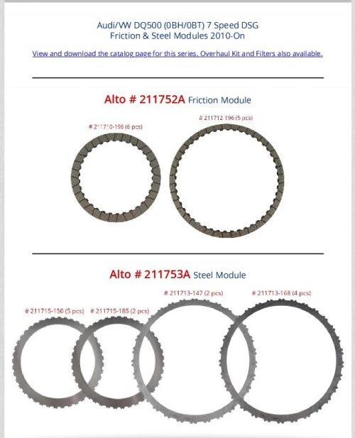 AUDI / VW DSG. 0BH (DQ500) 7 SPEED / 0BT. Dual Clutch Transmission (DCT) Master Kit No Pistons 2010-On