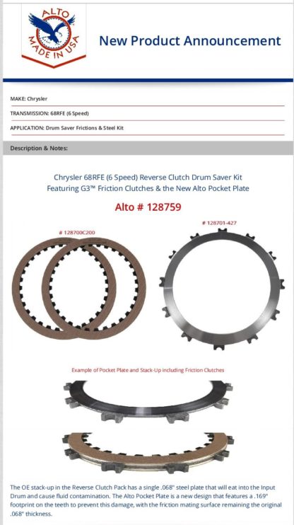 Chrysler 68RFE (6 Speed) Reverse Clutch Drum Saver Kit Featuring G3 Friction Clutches. Alto Number 128759