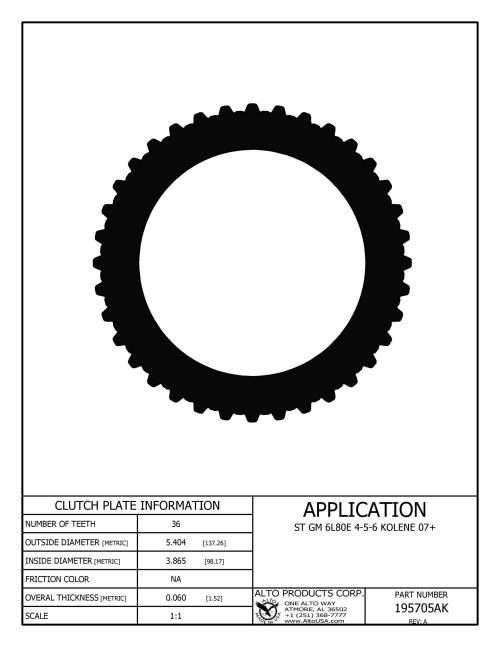 Alto 195705AK, 6L80E / 6L90E 4-5-6 Steel, .061" Thick to Fit Power Hub.